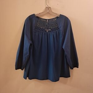 Chico's Blouse Women's Large L Royal Blue Cut-Out Lace Bubble Hem Office Formal